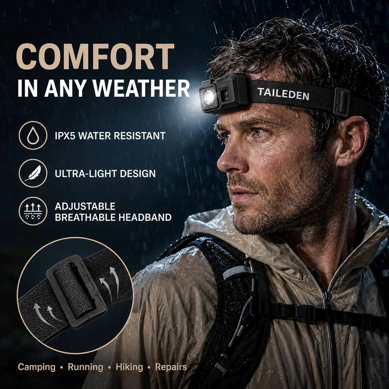 TAILEDEN Rechargeable LED Headlamp – Motion Sensor & 5 Light Modes